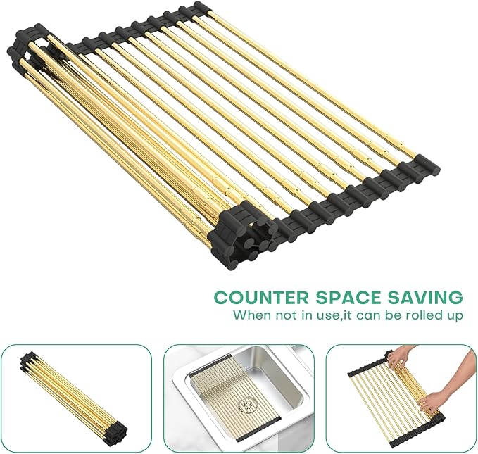 Expandable Large Draining Rack, Roll Up Heat-Resistant Dish Drainer for Stainless Steel Sinks, Collapsible Over The Sink Rack Non-Slip Silicone Rolling Up Rack Gold 18 Tube