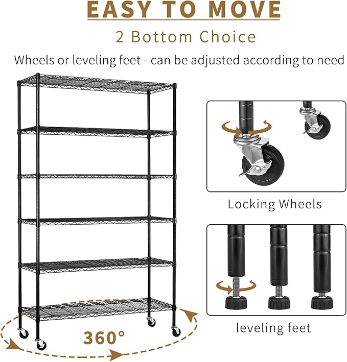 6-Tier Storage Shelves 48" x 18" x 82" Heavy Duty Metal Shelving Unit 2100Lb Capacity Adjustable Storage Racks with Wheels NSF Garage Wire Shelf for Basement Commercial, Black