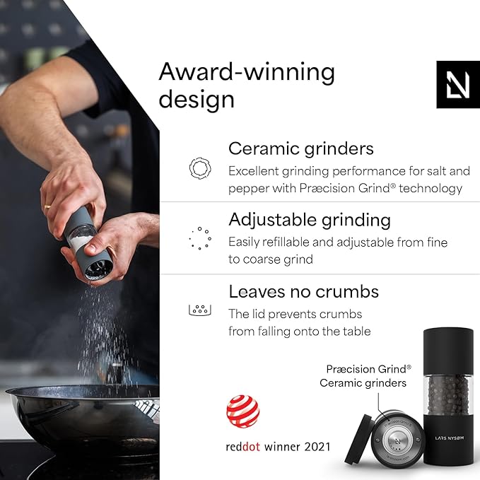 LARS NYSØM Salt and Pepper Grinder Set, Manual Salt and Pepper Mills with Adjustable Ceramic Grinder, Design Spice Shaker Set (Carbon Black)