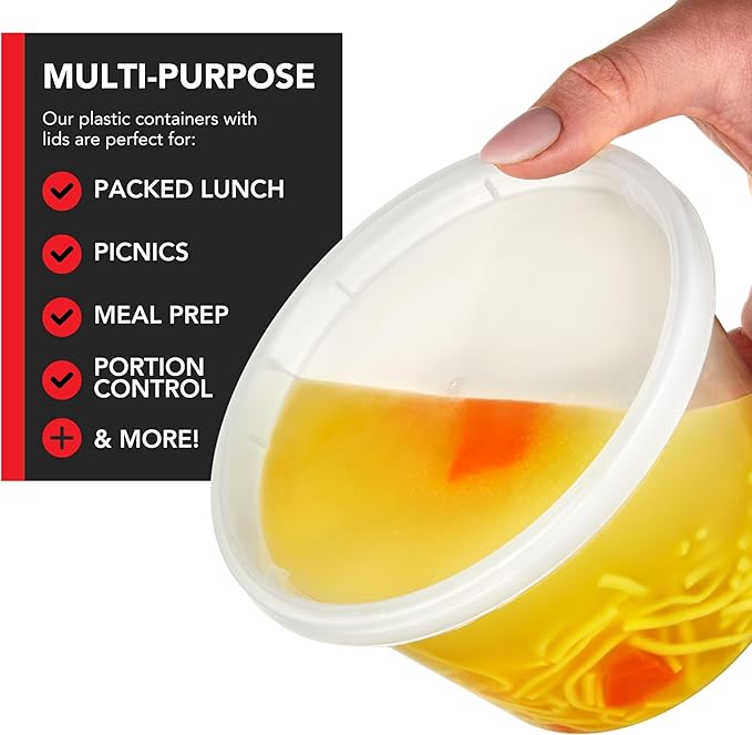 Stock Your Home 16oz Plastic Deli Containers with Lids (48 Pack), Disposable & Reusable Freezer Containers, To Go Soup Containers, Microwave Safe
