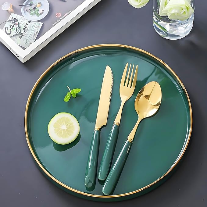 9-Piece Gold Silverware Set with Elegant Emerald Ceramic Handle,Premium Stainless Steel Flatware Set Service for 3,Mirror Polished Dishwasher Safe Luxury Cutlery Set for Home Restaurant