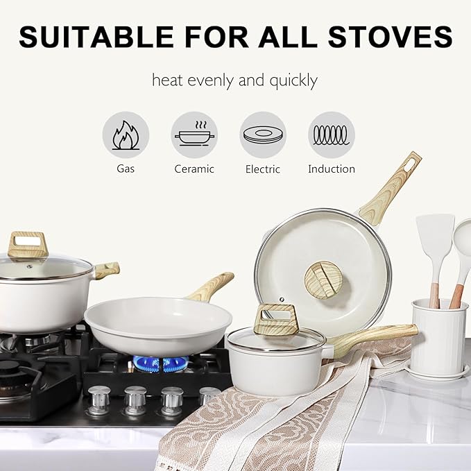 GiPP Ceramic Pots and Pans Set Non Stick - 17 Pcs Nonstick Cookware Set, Non-toxic Healthy Kitchen Cooking Set w/Frying Pans Set, Dishwasher Safe, PFAS PTFE PFOA PFOS Free