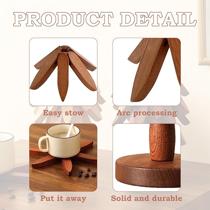 Natural Walnut Wood Tree Trivet Set – 3 Foldable Wooden Trivets with Stand, Handmade Heat Resistant Coasters for Hot Dishes, Pots & Pans, Premium Kitchen Décor Gift