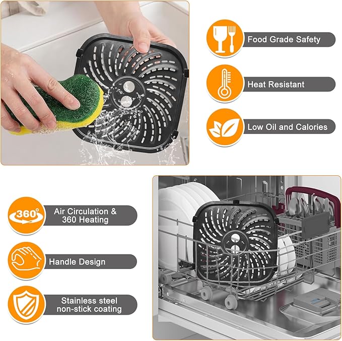 Air Fryer Replacement Parts for PowerXL 4-Quart Digital Air Fryer with Fry Tray, 8 × 8 IN Food Grade Air Fryer Replacement Tray Accessories Rack Grill Pan Grill plate Crisper Plate Baking Pan