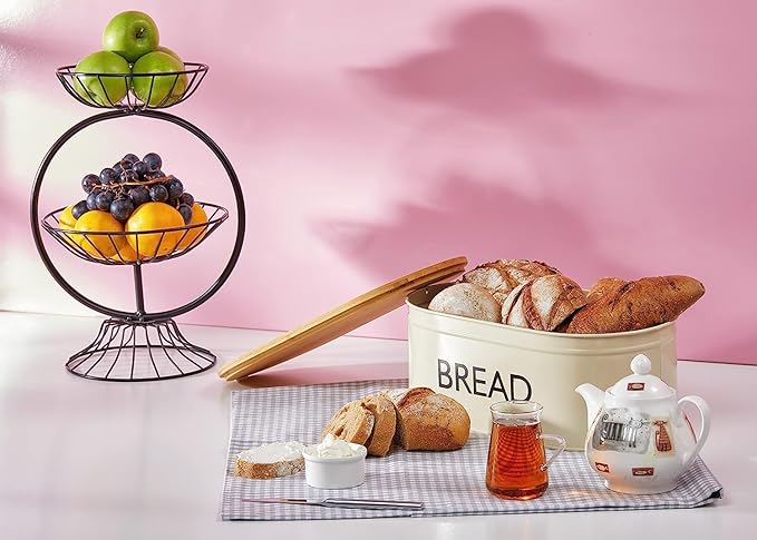 RoyalHouse Premium Metal Bread Box with Bamboo Lid (Pack of 2) Stainless Steel Large Bread Bin Storage Container And Organizer for Kitchen Countertop, Vintage Style Kitchen Decor