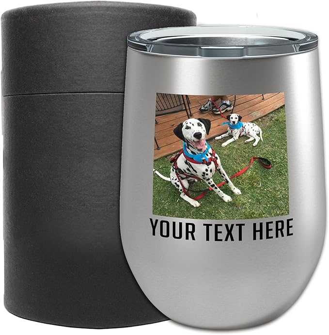 Personalized 12oz (17 Colors) Photo Picture Printed Insulated Stainless Powder Coated Stemless Wine Tumbler with Lid, Customized Gift Idea Women Her, Custom Coach Gifts Team Mom Dad (Stainless Steel)