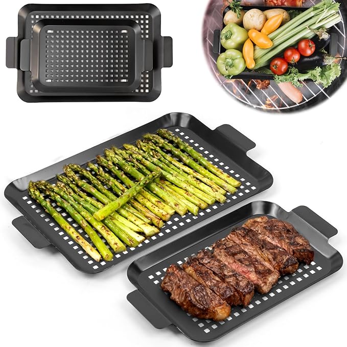 2PCS Grill pan: Grill pan for outdoor grill - Non-stick enamel coating grill topper suitable for camping, picnic, party