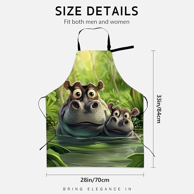 Playful Hippo Apron for Women Men, Cooking BBQ Chef Polyester Lightweight Cute Cartoon Hippo Aprons with Pockets for Baking Kitchen Gardening Cleaning, Adjustable Neck Strap, 28×33inch