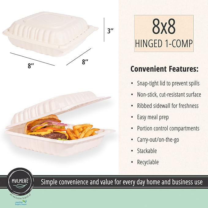 MULMEHË Mineral Filled Polypropylene Plastic Hinged Take Out Food Containers, 8x8x3, Vented Single Compartment, Natural White, 200 per Case