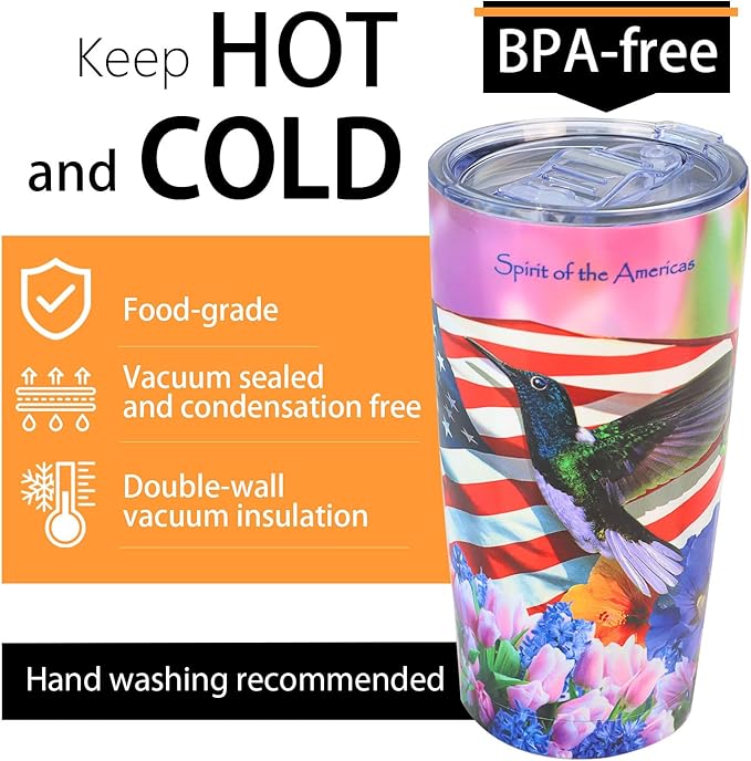 Hummingbird Tumbler - 20oz Stainless Steel Insulated | American Flag & Hummingbird Floral Design, Leak-Proof Patriotic Travel Mug for Hot/Cold Drinks, Hummingbird Gifts For Women, Her, Mom