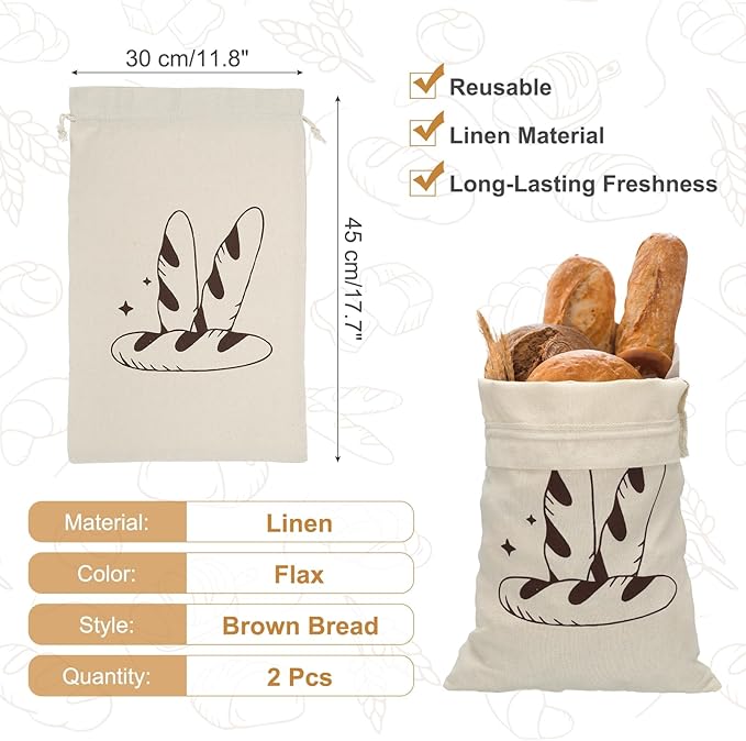 uxcell 2 Pack Reusable Bread Bags, 17.7 x 11.8 Linen Bread Storage for Homemade Sourdough Beeswax Food Drawstring Closure, Brown Bread