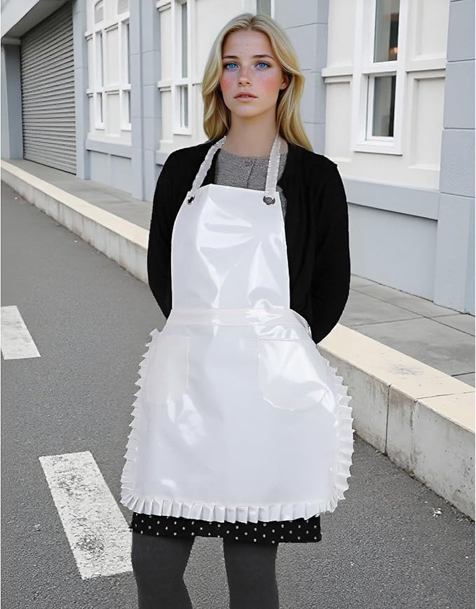 Glossy Cute Ruffled Apron, Lace-Up Model with Two Pockets, Vinyl Apron for Artists and Barbers, Waterproof