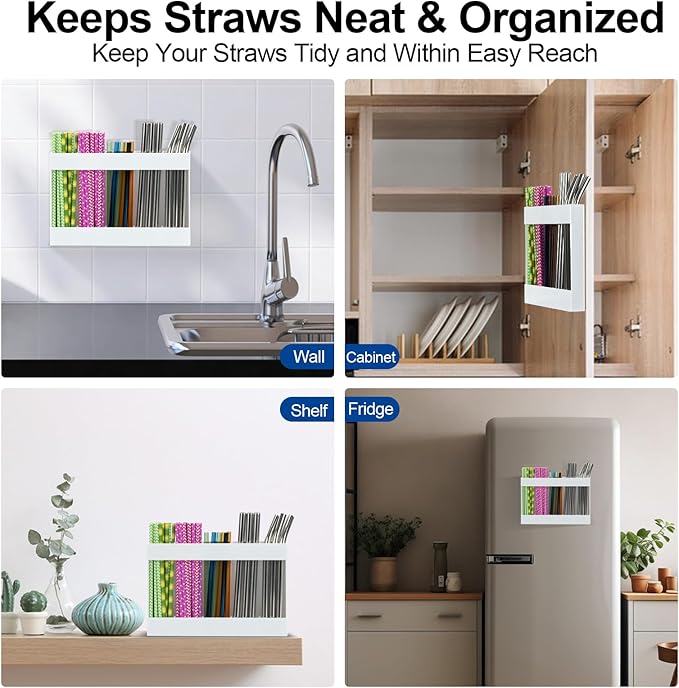 Upgraded Acrylic Straw Holder for Cabinet Door, Fridge & Countertop–Magnetic/Adhesive Dual Mount, Strong Hold, Space-Saving Straw Organizer with Adhesive Tape, Magnetic Sheet