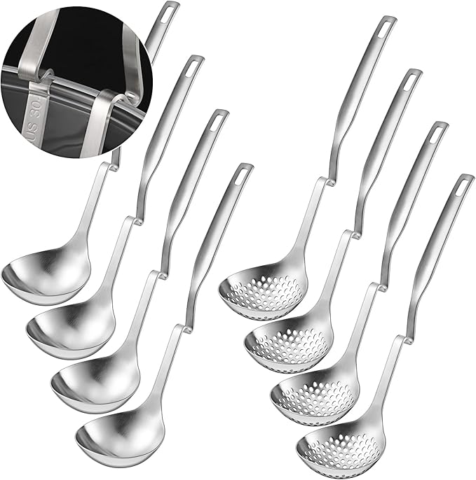 Patelai Hot Pot Slotted Ladle Set Stainless Steel Soup Ladle Strainer Scoops Cooking Skimmer Cookware Utensil for Hotpot Scooping Sauce Serving, 12 Inch(8 Pcs,Silver)