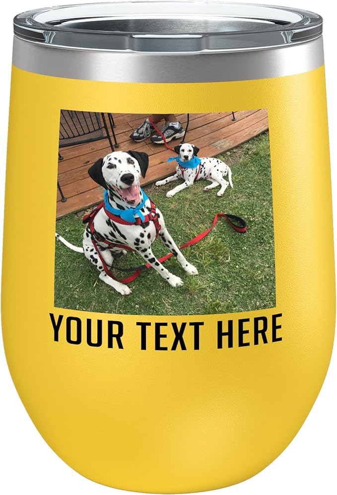 Personalized 12oz (17 Colors) Mother's Day Photo Picture Printed Insulated Stainless Steel Powder Coated Stemless Wine Tumbler with Lid, Customized Gift Idea for Her, Coach Gifts Team Mom Dad (Yellow)