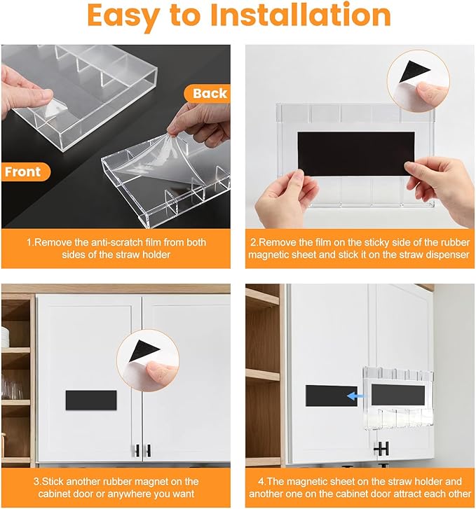 Acrylic Straw Holder, Straw Organizer Dispenser with Two Pieces Rubber Magnet Sheets, Drinking Straw Storage Holder for Cabinet Door Fridge Counter Kitchen Office(White)