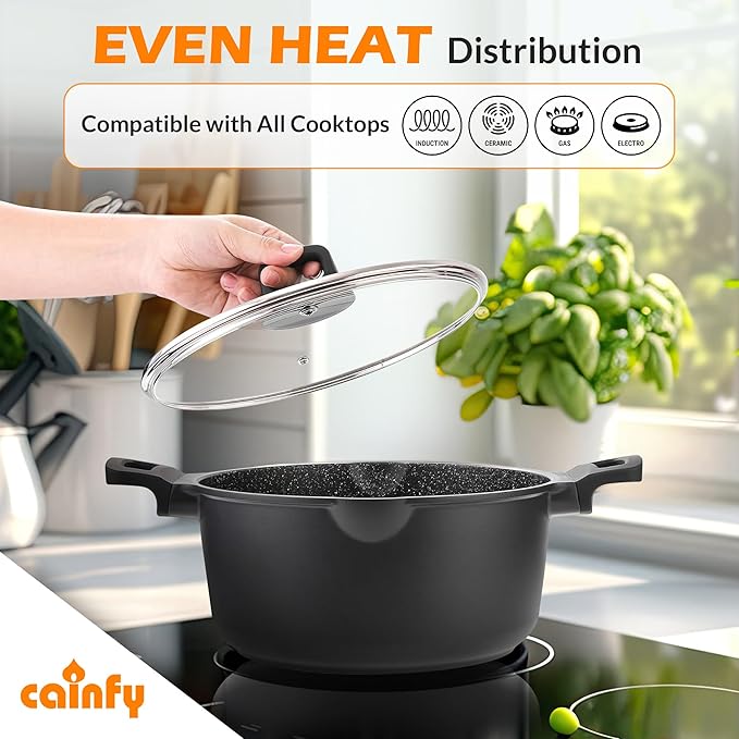 9.5 Inch Non Stick Pan Casserole Pot with Lid & Pour Spout - Lightweight 4.27 Quart Granite Coated Soup Pot Comfort Grip Handle - Induction Compatible PFOA Free Non Stick Cookware (Black)