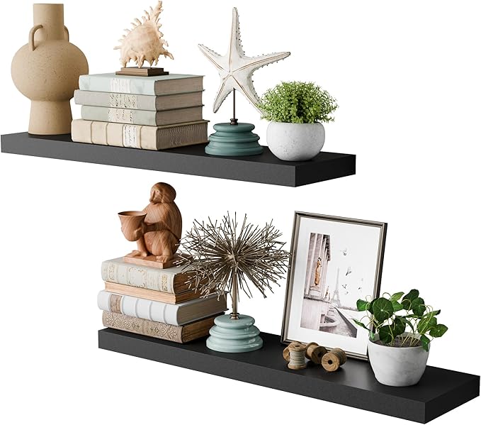 30 Inch Floating Shelves for Wall, 8" Deep Floating Shelf Wall Mounted Set of 2, Black Wall Shelf with Invisible Bracket, Hanging Shelf for Bathroom, Bedroom, Kitchen, Living Room Decor