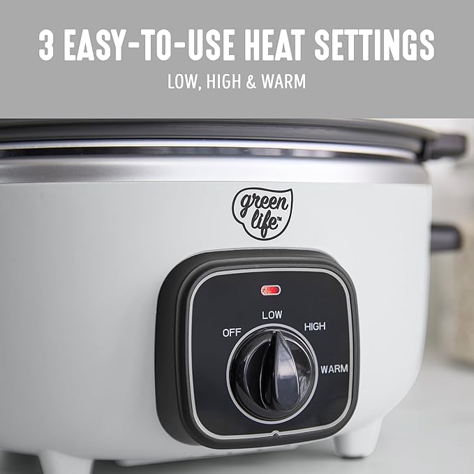 GreenLife 3.5QT Slow Cooker, PFAS-Free Non-Toxic Ceramic Nonstick Removable Interior Bowl, Programmable, Keep Warm, Stovetop & Oven Safe Pot, Dishwasher Safe Crock & Glass Lid, White