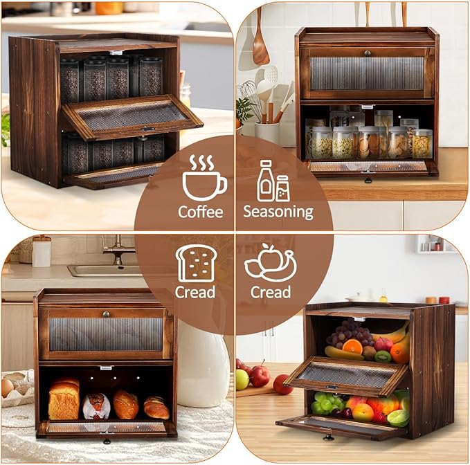 PRETYZOOM Bread Box for Kitchen Countertop, 2 Layer Wooden Bread Storage Bin with Magnetic Closure Window, Vintage Farmhouse Organization Kitchen Food Organizer