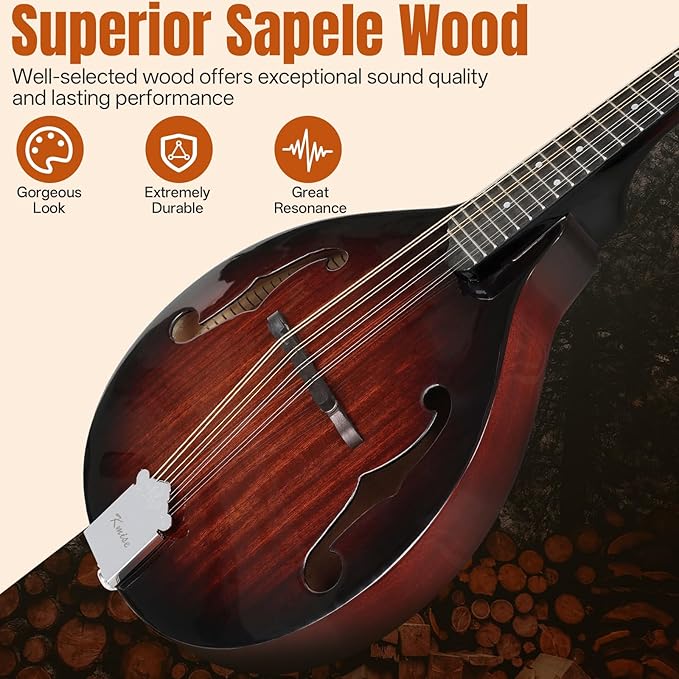 Mandolin Musical Instrument A Style, Acoustic Mandolins Instrument Kit 8 String with Tuner Strap Gig Bag Chord Chart for Professional Beginners Adults Teens Youth(A Style Acoustic Brown, 8 String)