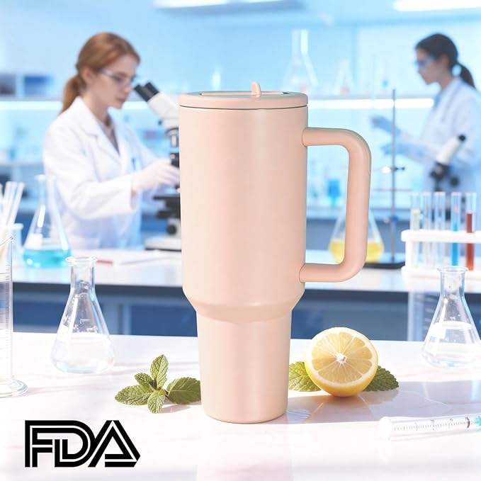 40 oz Insulated Tumbler with Handle,Flip Straw,Lid & Rubber Base Stainless Steel Water Bottle - Leak Proof Vacuum Insulated Mug BPA Free Reusable Travel Cup Gifts for Women/Men (Peach pink40oz)