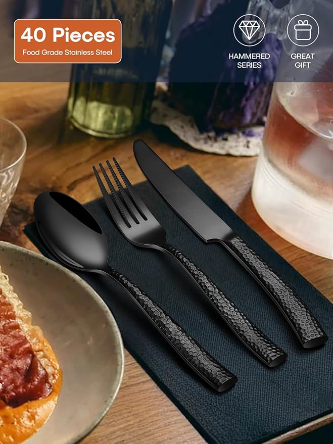 Stapava 40 Pcs Black Hammered Silverware Set, Stainless Steel Flatware Set for 8, Mirror Polished Cutlery Include Forks Spoons and Knives set for Home Hotel, Dishwasher Safe Utensils