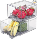 Plastic Clear Fridge Storage Organizer with Drawers & Drainer - Stackable Bins for Kitchen Fruit & Veggie Organization (2PCS, Large)