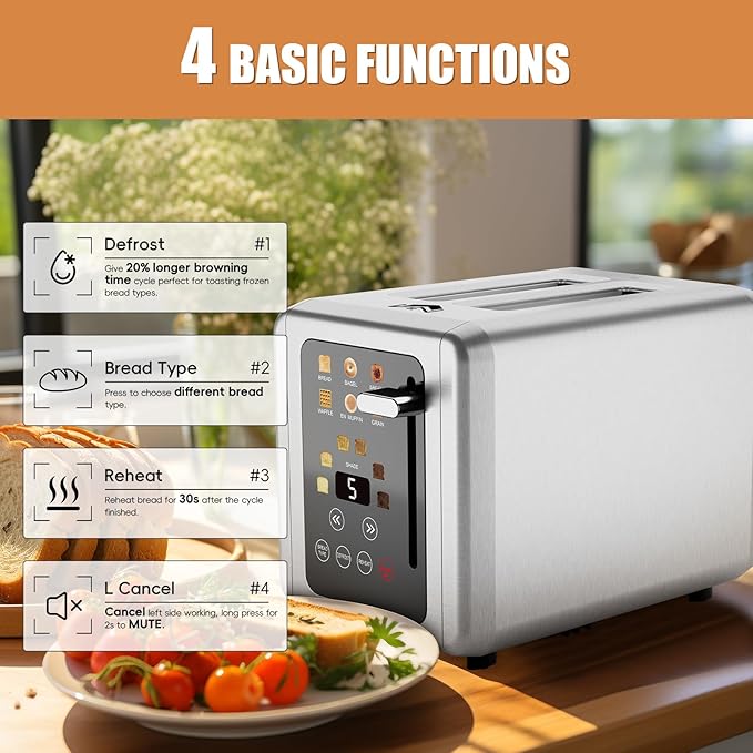 Touch screen Toasters 2 slice, Stainless Steel Digital Timer Toaster with Sound Function, 6 Bread Types & 6 Shade Settings, Smart Extra Wide Slots Toaster with Bagel, Defrost Functions,Grey