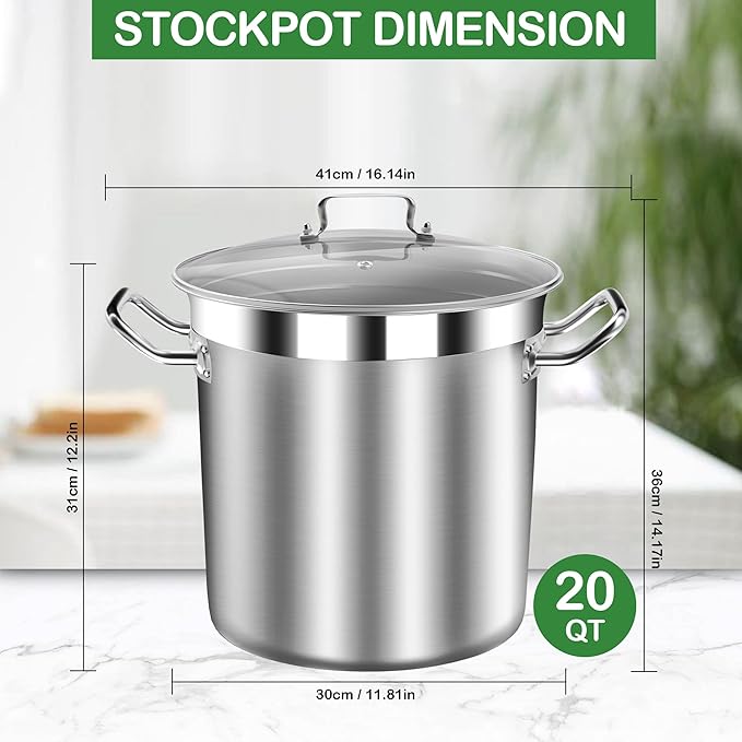 Stainless Steel 20 Quart Stockpot with Tempered Glass Lid, 3-Ply Base, 8.8 lbs, Polished Finish, Suitable for Stovetop and Oven, Dishwasher Safe