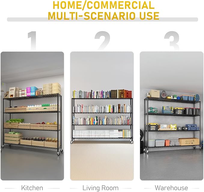 Karl home 4-Tier Adjustable Metal Storage Shelves, Wire Shelving Unit with Wheels & Leveling Feet, Heavy Duty Garage Shelving, Pantry & Kitchen Display Shelf Organizer, Home Storage Rack