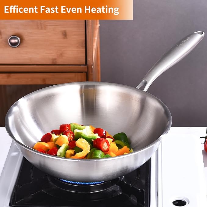 DELARLO Woks & Stir-Fry Pans, 13 in Stainless Steel Pan with Lid, Large Cooking Surface, Tri-Ply Stainless Steel Wok Pan,High Side 3 Layer Stainless Steel Saute Pan, Wok for induction cooktop, 600℉