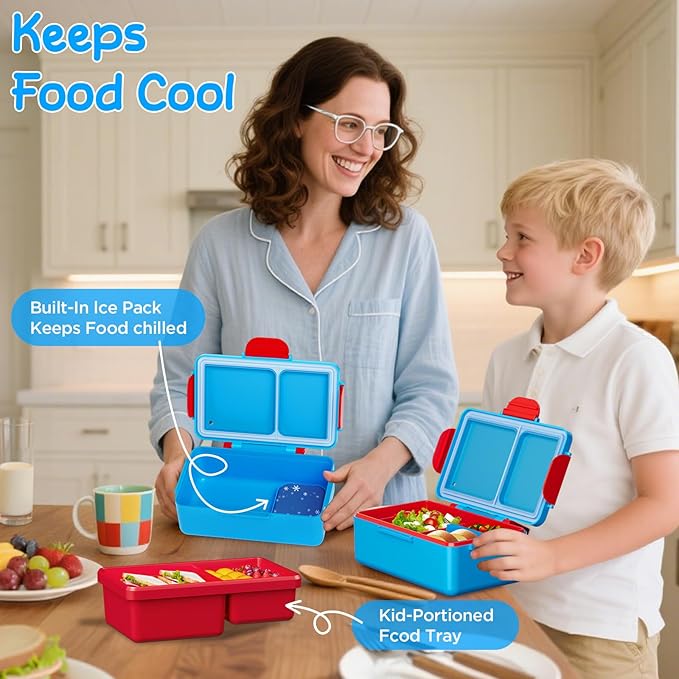 SHPMXUPW Kids Bento Lunch Box – 12 oz Stainless‑Steel Soup Thermo & 3‑Compartment Leak‑Proof Food Container with Built‑In Ice Pack, Insulated Food Jar for Boys & Girls, School & Travel