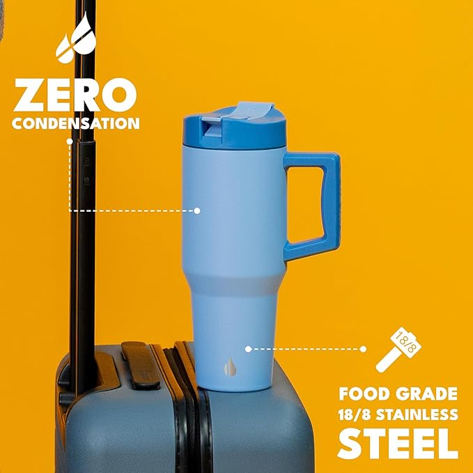 Elemental 32 oz 100% Leak Proof Tumbler with Handle & Straw - Stainless Steel Double Wall Insulated Tumbler for Hot and Cold Beverages - Travel Coffee Mug with Sip & Straw Lid - Ocean Blue