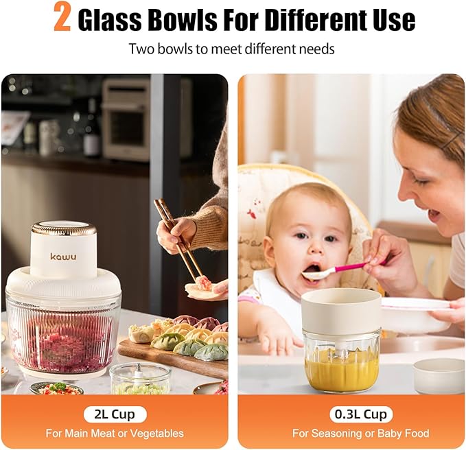 Kawu Electric Food Processor, 2 Speeds Meat Grinder & Vegetable Chopper, Food Chopper with 2 Bowls (2LCup+0.3LCup), 2&6 Bi-Level Blades with Powerful Motor for Fruits, Nuts, Ideal for Kitchen, Home