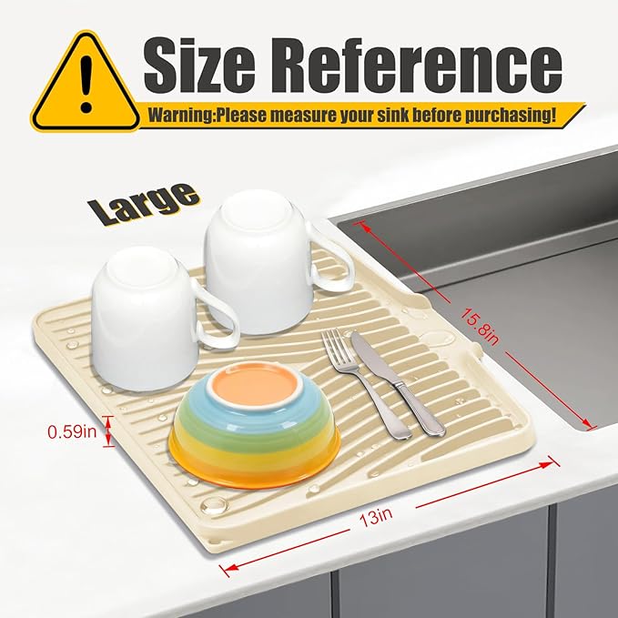 Silicone Dish Drying Mat for Kitchen Counter, Dish Drying Pad, Non-Slip Drain Pad with Built-in Drain, Heat Resistant Stone Drying Mat(Yellowish 15.8" x 13")