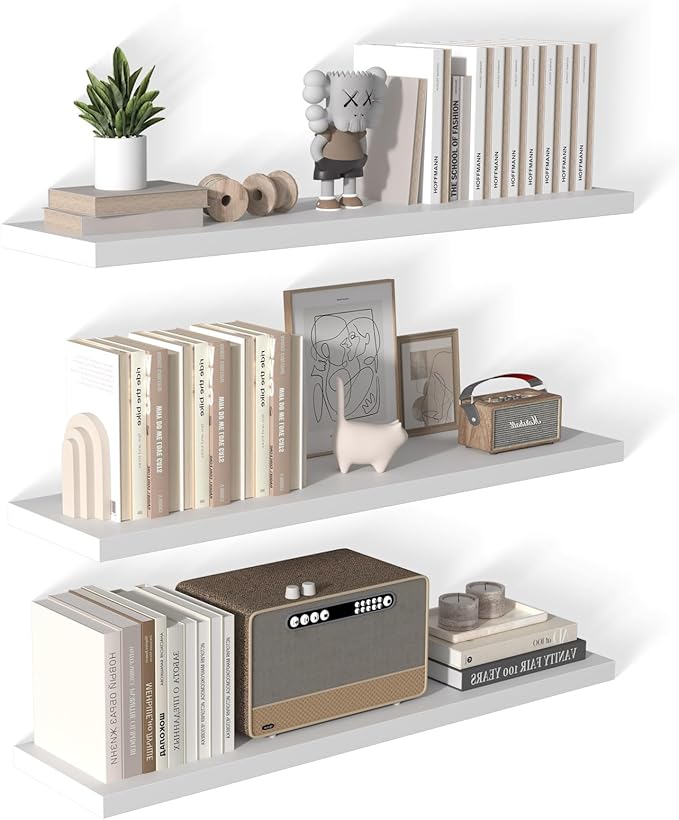 12 Inch Deep Floating Shelves for Wall 3 Pack Floating Shelfs Large Storage Space Wall Decor Display Shelf for Bathroom Living Room Bedroom Kitchen 48" W x 12" D x 1.2" H White