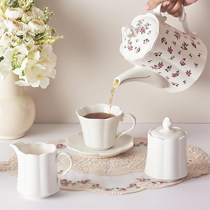 Vintage Floral Tea pot with Infuser, 33oz, Ceramic Teapot with Tea Strainers for Loose Leaf Tea, Rose Teapots for Tea Party