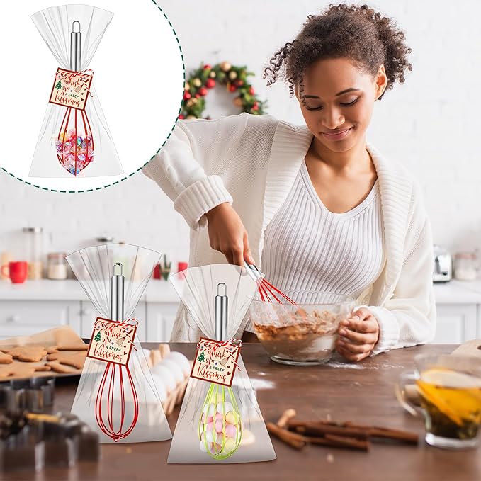 24 Sets 10 Inch Christmas Whisks Supplies Gifts Sets, Includes Silicone Whisks, Greeting Cards, Ribbons, Plastic Bags DIY Fillable Christmas Tree Ornaments for Xmas Cooking Supplies Gift