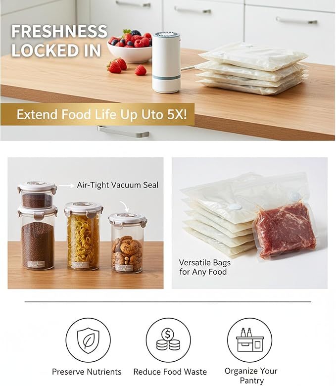 Vacuum Container,Vacuum Seal Containers,4pcs Airtight Food Storage Containers with Lids,8pcs Food Vacuum Bags/ 1pc Automatic Pump, Marinade and Keep Food Fresh with Time Dial, BPA Free(Circular)