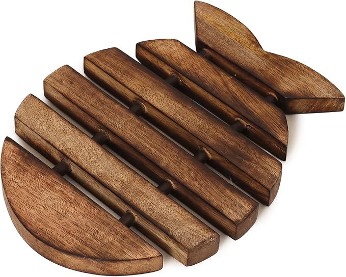 eTroves Wooden Trivet for Hot Dishes Pots and Pans Nonslip Wood Fish Shape Heat Resistant Tea Pot Holder | Farmhouse Kitchen Counter Top Decor, 10 Inch, Brown