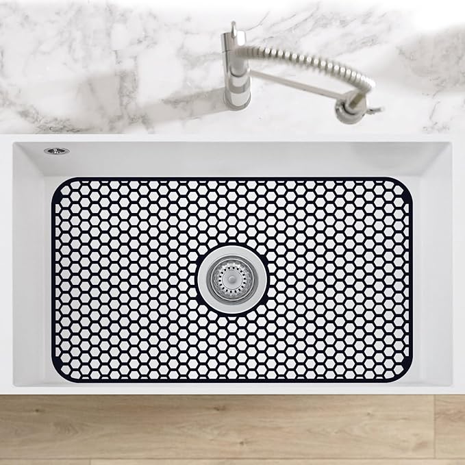 Silicone Sink Protectors for Kitchen Sink with Center Drain, 26"x 14" Kitchen Grid Accessory, Non-Slip Heat-Resistant Mat for Bottom of Farmhouse Porcelain Stainless Steel (Center Hole,Black)