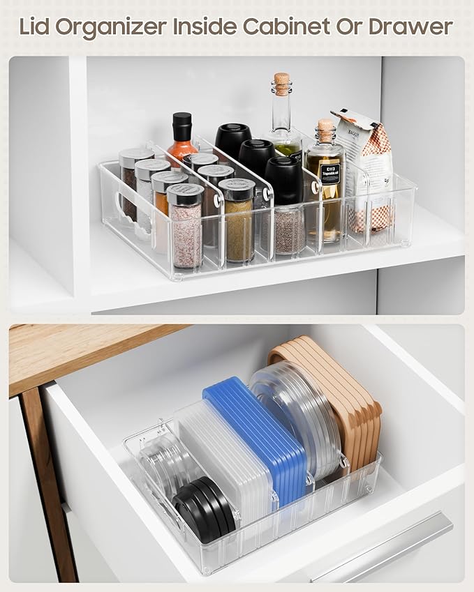 LYNG Lid Organizers Inside Cabinet, Clear Plastic Storage Lid Organizer With 4 Adjustable Dividers, Food Container Lid Organizer For Kitchen Pantry Green