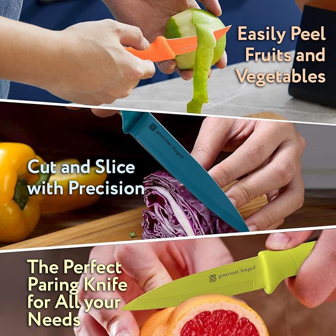 ColorSlice 3 PC Color-Coded Paring Knife Set. 5" Fruit Knife, 3.5" Paring, 3" Bird Beak Hook Peeler Curved Non Stick Dishwasher Safe Knives Sharp Stainless Steel Anti Rust