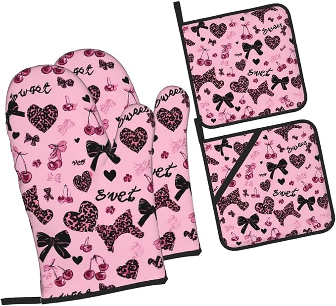 Oven Mitts Lovely Pink Heat Resistant Silicone Oven Mitts Set of 4,Oven Gloves for Cooking BBQ, Suitable for Barbecues Baking Cooking Microwave Cooking Gift
