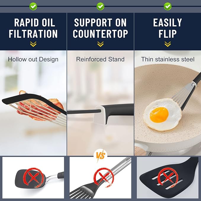 Fish Spatula,600℉ Heat Resistant Silicone Fish Spatula with Basting Brush,for Nonstick Cookware,Flexible Slotted Fishs Turner Spatulas,BPA Free,Dishwasher Safe(Black)