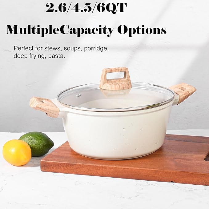 2.6QT Nonstick Stock Pot with Lid, Ceramic Cookwear Soup Pot, Large Casserole with Lid, Easy to Clean Non Stick Cooking Pot Cookware PFOA Free, White