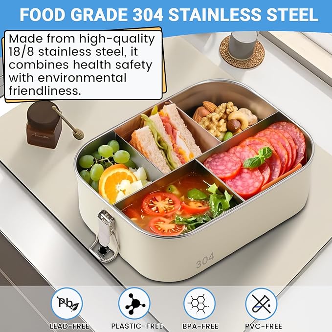 Leakproof Stainless Steel Bento Box (1600ml/54oz) with 5 Sealed Compartments, Metal Lunch Container for Women Adult, Metal Food Storage Lunch box for Work, Travel