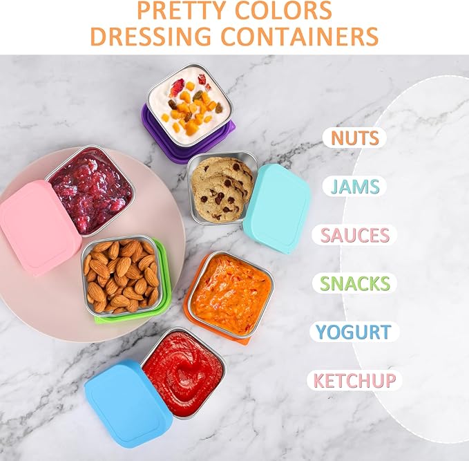 6oz Stainless Steel Sauce Containers with Lids, Leakproof Reusable Salad Dressing Containers for Lunch Boxes Picnics Travel, Dishwasher Safe Food Storage. 6 pcs