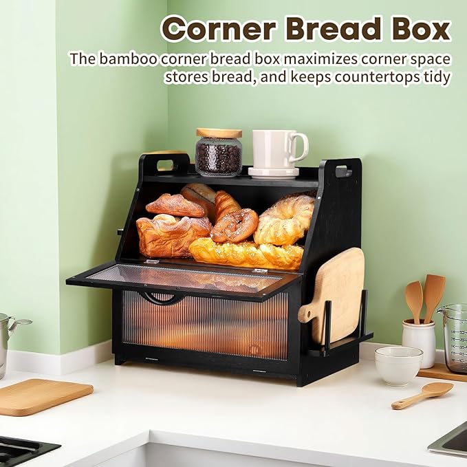Bread Box for Kitchen Counter Top, Large Bread Storage Container for Homemade Bread, Bamboo Farmhouse Organizers, Double Layer Bread Bin,Black